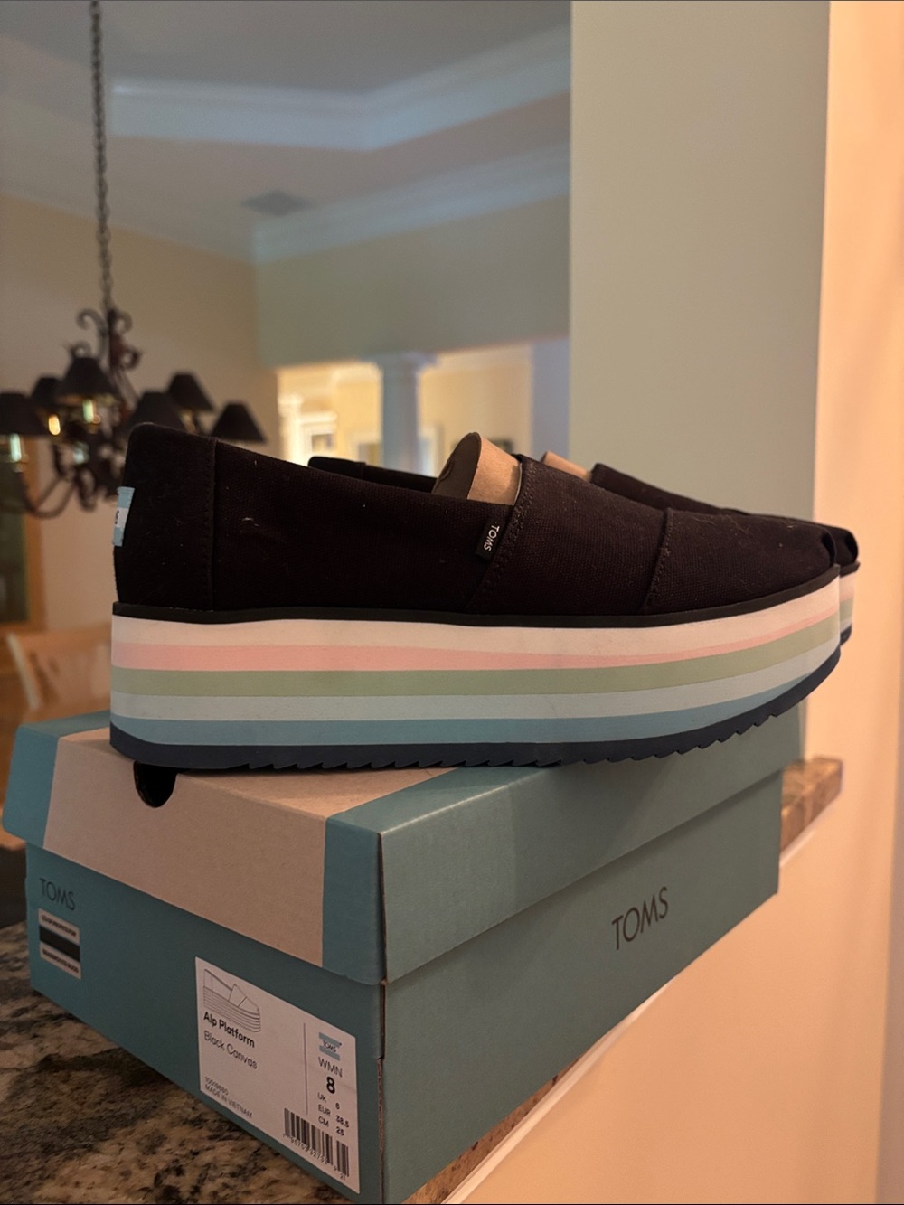 Toms Black Canvas Platform Slip-On with Pastel Layered Platform